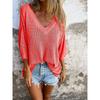 Loose Fit V Neck 3 4 Sleeve Hollow Design Knit Sweater