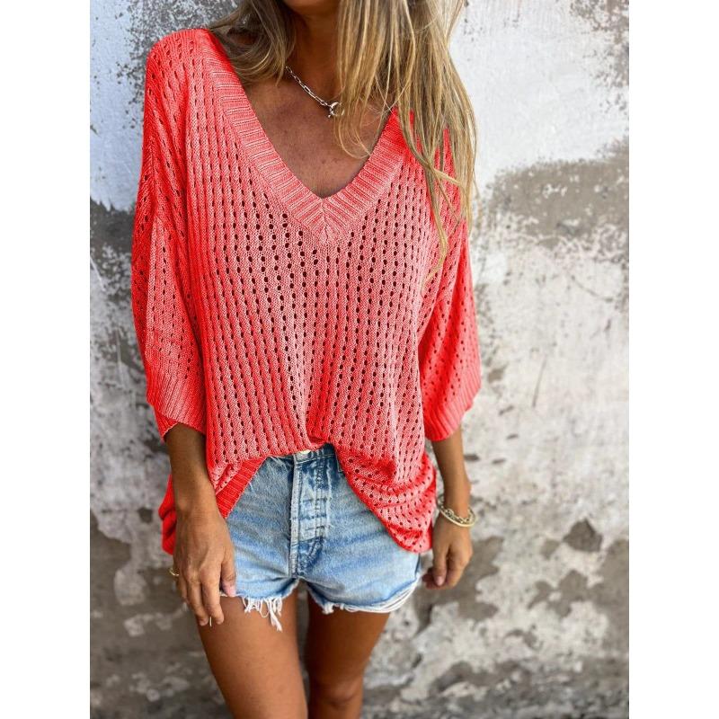 Loose Fit V Neck 3 4 Sleeve Hollow Design Knit Sweater