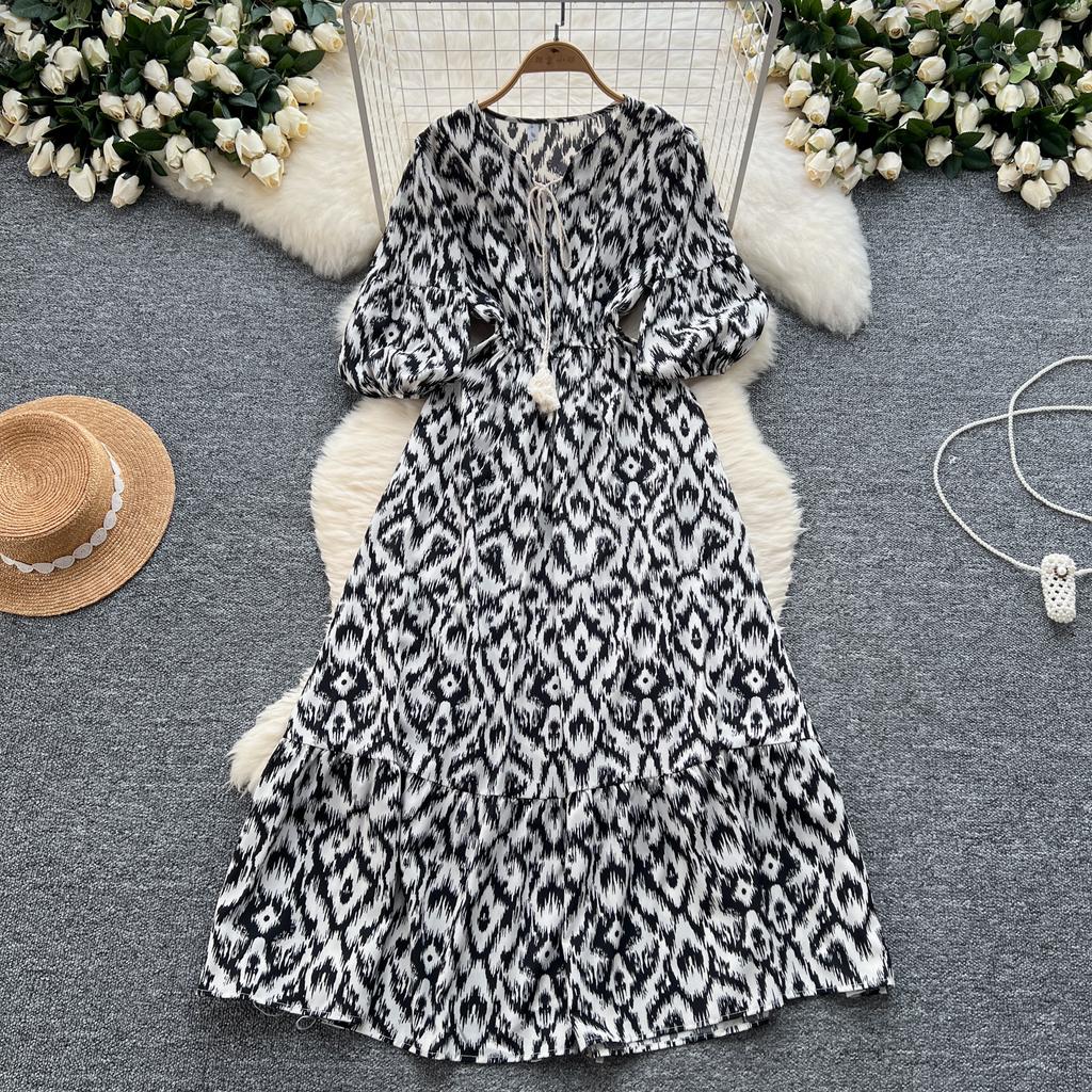 Elegancka Sukienka w Kwiaty Vintage dla Kobiet Letnie Sukienki Sznurowane w Talii Slim Y2k Bufiaste Rękawy Luźne Sukienki