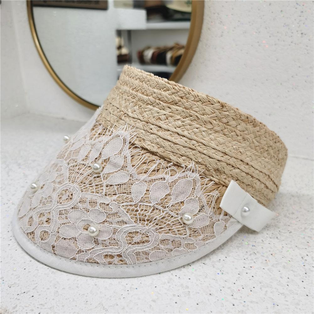 Summer Pearl Empty Top Hat Temperament Fashion Lace Sunscreen Hat Travel Beach Vacation Roof Shade Lafite Straw Hat