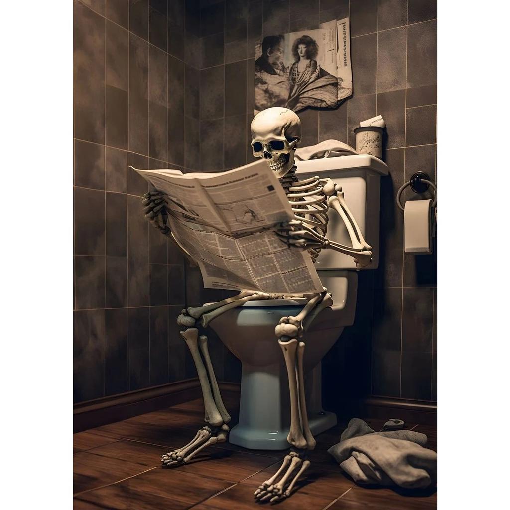 Dog Monkey Highland Cow Sitting on The Toilet Reading Newspaper Poster Animal Print Canvas Painting Funny Bathroom Wall Decor