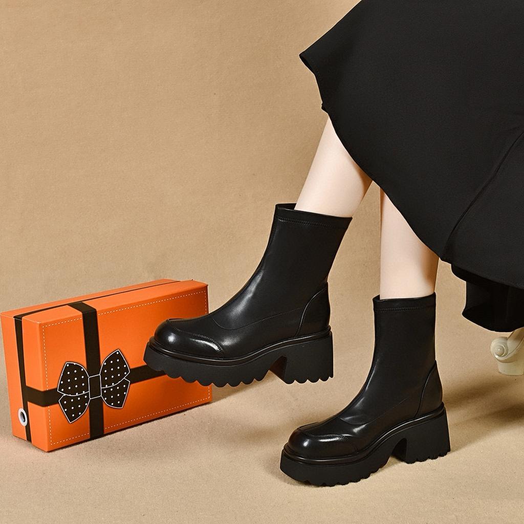Thick-soled Boots Women's Autumn and Winter New Personalized Trendy Shoes Waterproof Table Thick Heel Elastic Thin Boots Medium Boots