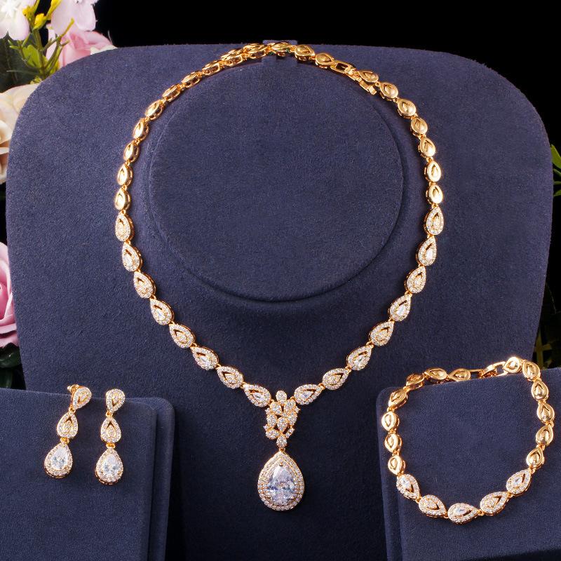 

T0158 Long Water Drop Zircon Set Chain Necklace Earrings Bracelet Three-Piece Set