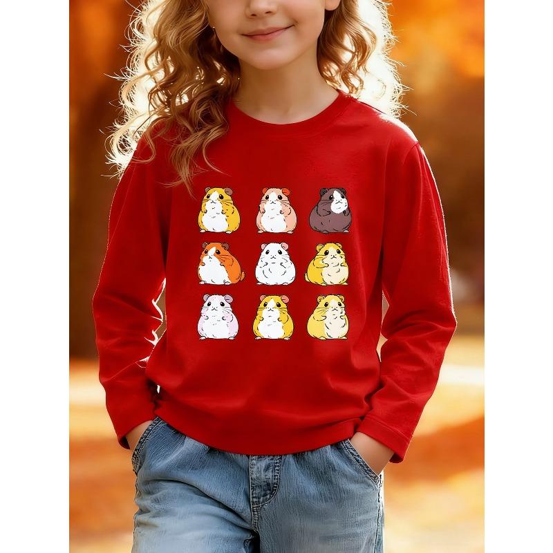European sizes Kids Casual Sports Long Sleeve T-Shirt Front Cartoon Printed with Multiple Cute Hamster Patterns in 3X3 Grid Skin-Friendly Soft
