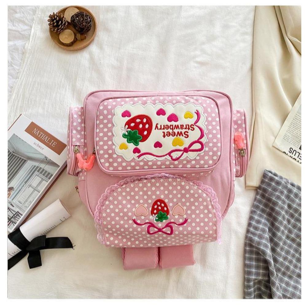 Kawaii Kids School Bag Large Capacity Cute Strawberry Embroidery Student Mochila Nylon Dots Campus Bag for Teenager Girl