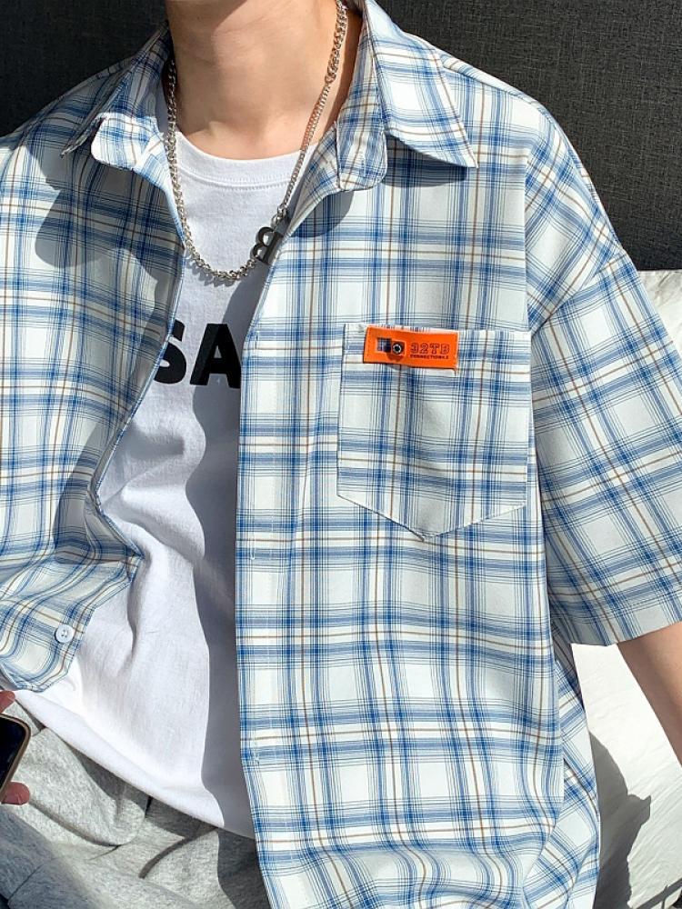 Herrskjorta Retro Gul Rutig Smal Passform Kortärmad - College Stil, Japansk-inspirerad