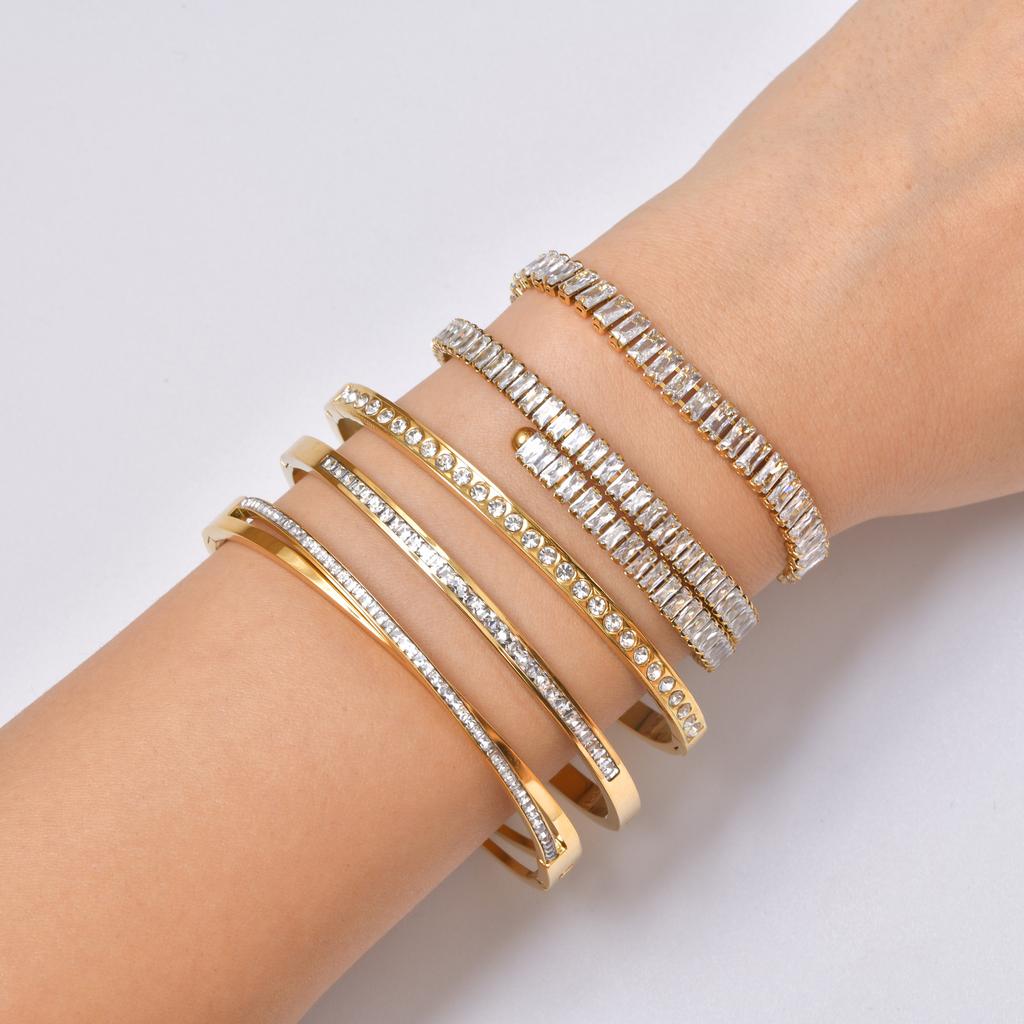 Luxury Shiny Cubic Zircon Stainless Steel Bracelet for Women, Waterproof Tennis Chain Openable Bangle, Fashion Elegant Jewelry