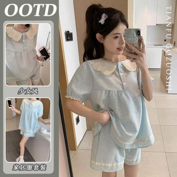 

[High-quality imitation cotton] Blue plaid age-reducing pajamas, new lace short-sleeved tops, high-waisted pants, two-piece set M
