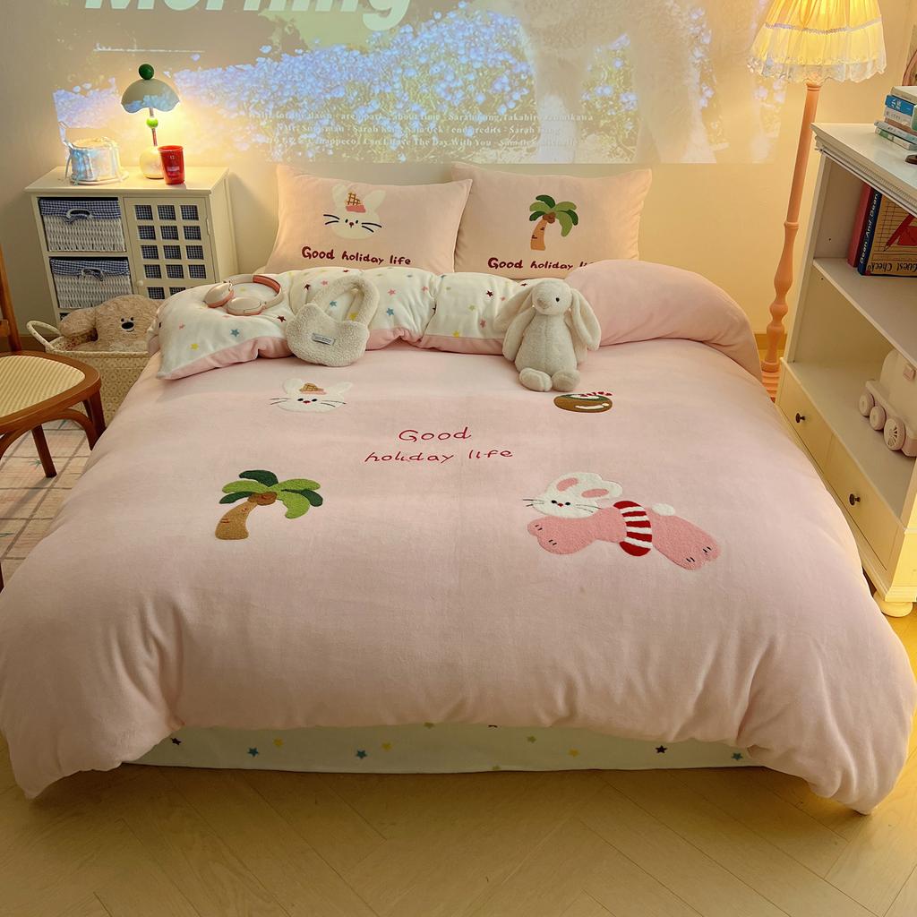 Thickened Milk Fleece Towel Embroidery Four-Piece Set 1.2M Bed Sheet Three-Piece Set, Gingerbread Small