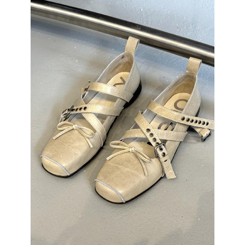 Sheepskin Version~ Korean Version of Square Head Pig Nose Mary Jane Women's Shoes French Shallow Mouth Bow Cross Buckle Thick Heel Single Shoes