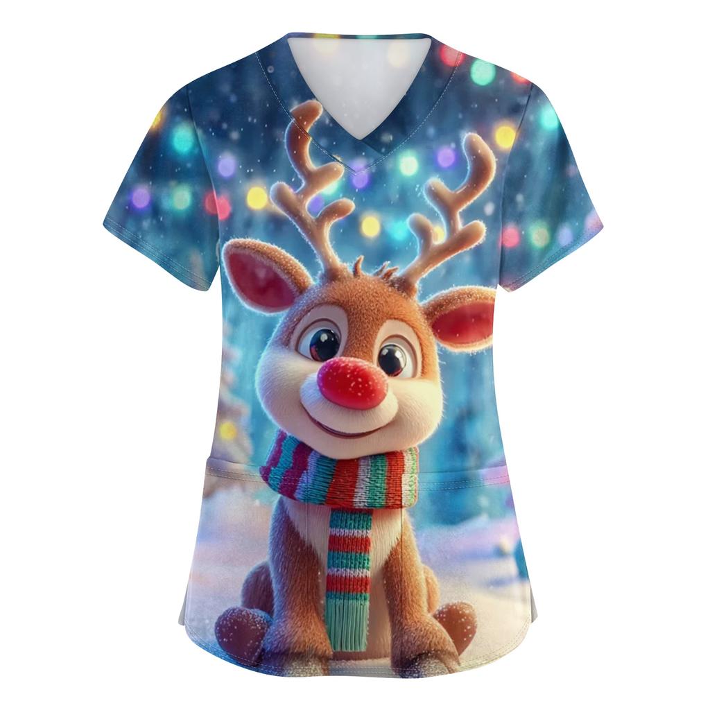 Women's V-neck Christmas printed short-sleeved pocket side-slit protective suit top