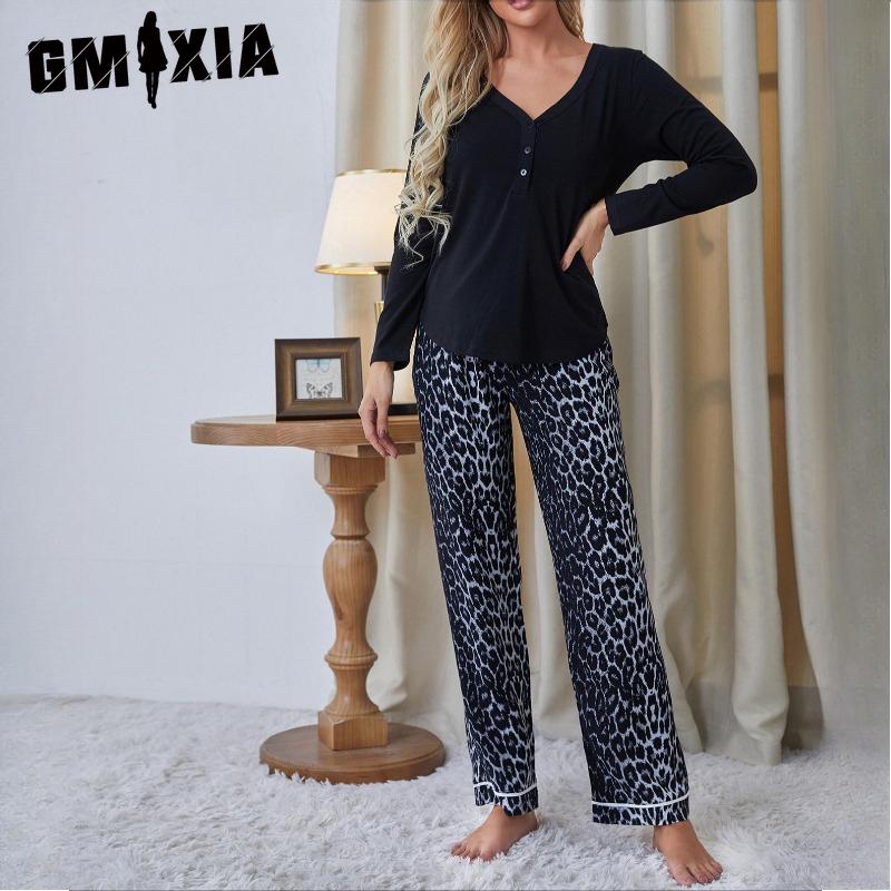 

GMXIA Женский домашний костюм Осень и Зима С длинным рукавом Леопардовый принт Брюки Пижама из двух частей XL чёрный