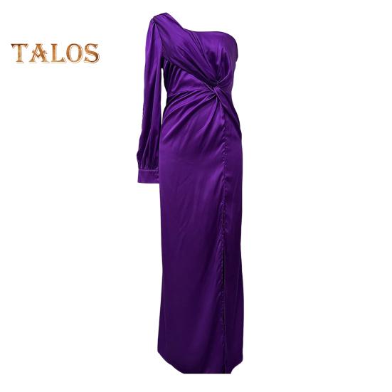 Lady Evening Dress One Shoulder Sleeveless Split Hem Solid Color Slim Waist Pleated Solid Color Off Shoulder Prom Cocktail Party Maxi Dress Ball Gown