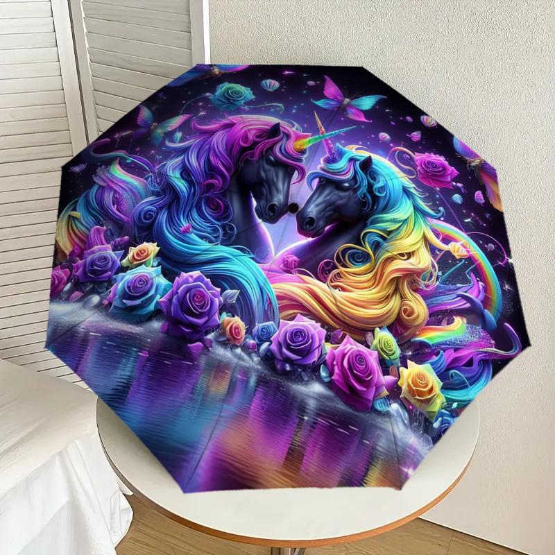 

1pc Colorful Unicorns with Rainbow Mane Umbrella with Plastic Handle,Suitable for All Seasons Home Travel Outdoor UmbrellaDD1585