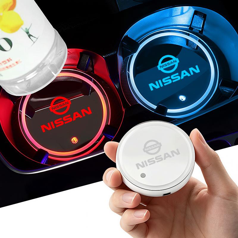 For Nissan ADFG37 Color Car Coaster Cup Pad Smart LED Atmosphere Light Mat For Nissan Qashqai J11 J12 Sylphy N7 Teana Note Navara Juke GTR Tiida