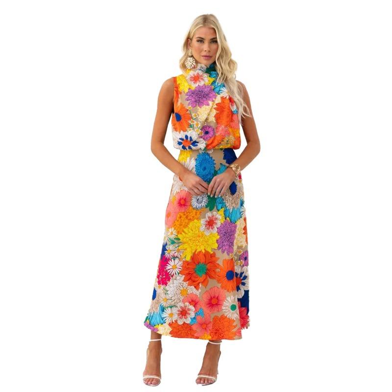 Women's Holiday Fashion Print Sleeveless Halter Waist Dress