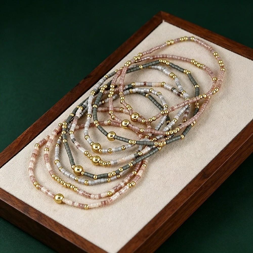 9pcs Set Multi-Layer Handmade Bracelet Set Elastic Bead Bangle Set Women Daily Wear