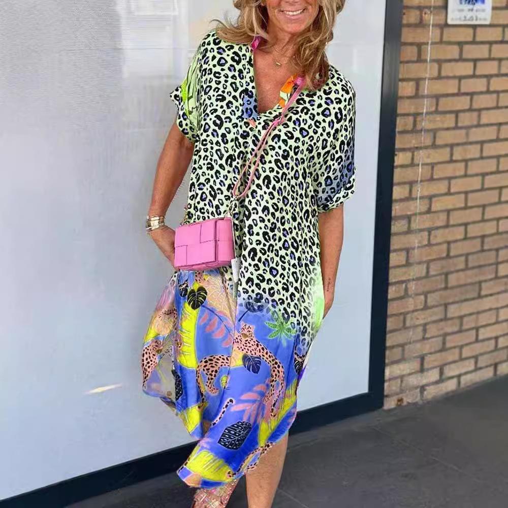 Leopard Print Patchwork Dresses Women V-neck Short Sleeves Pocket Loose Slit Midi Dress