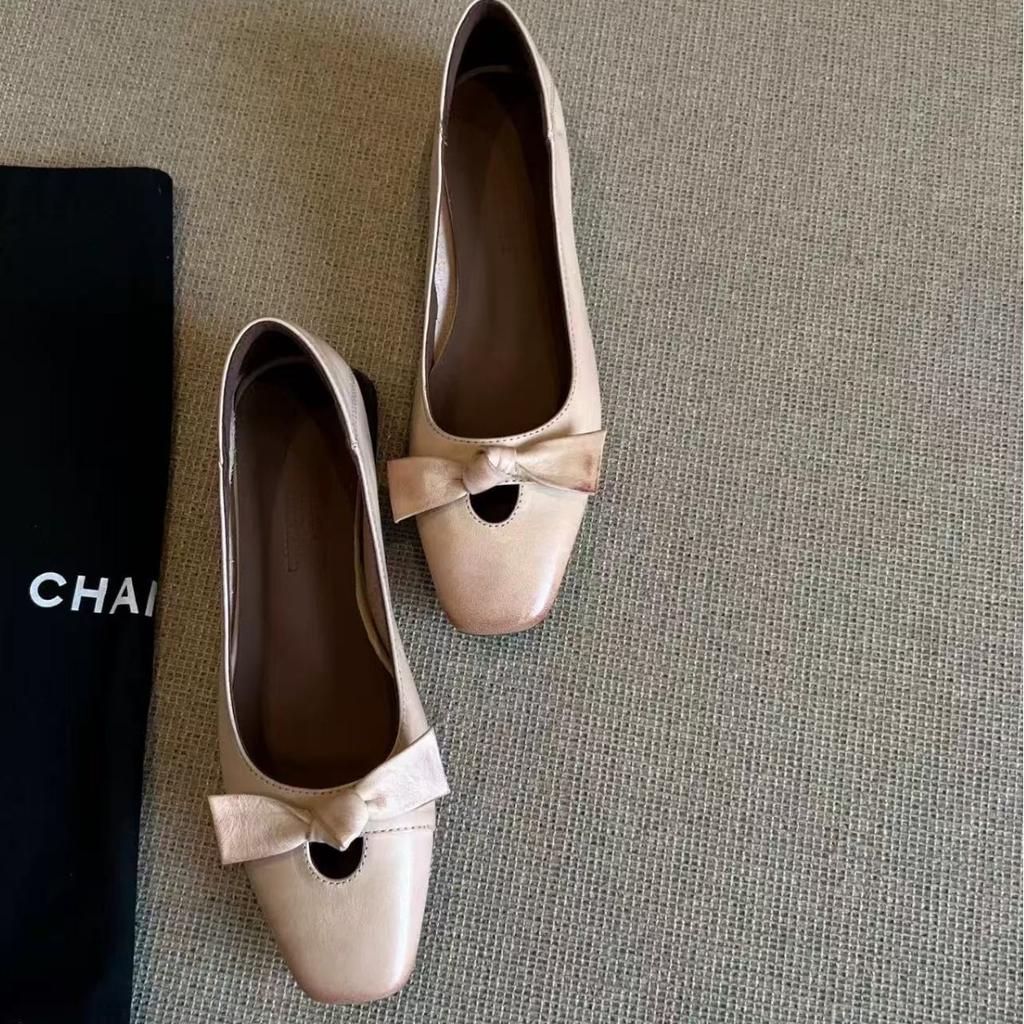 Sheepskin version~ retro apricot versatile flat-bottomed square-headed single shoes, women's one-pedal light-mouth bow ballet shoes
