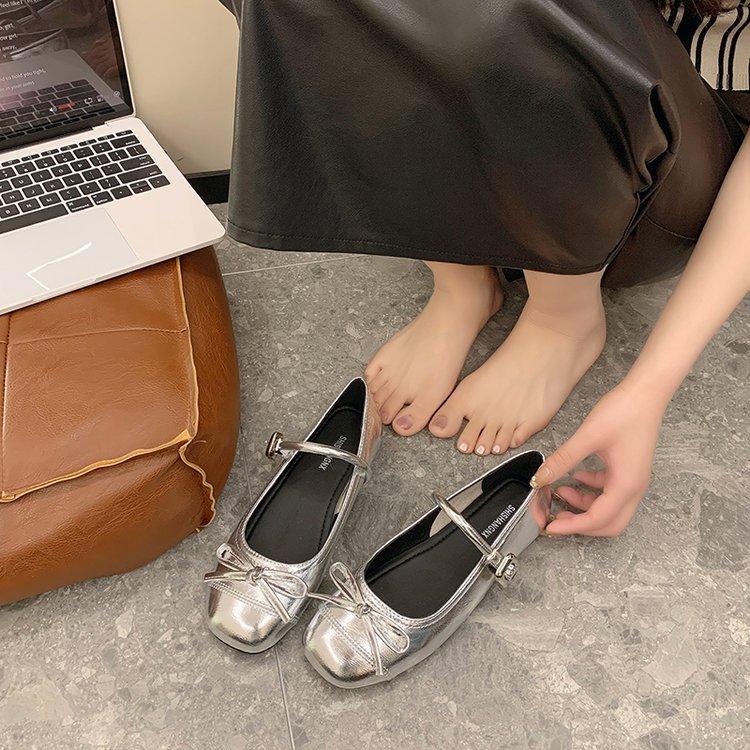 Silver Light Mouth Ballet Flat-soled Single Shoes for Women's 2025 New Summer Skirt French Round Head Mary Jane Shoes