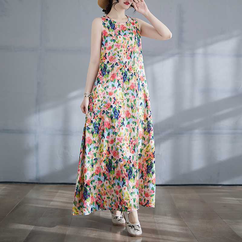 Long Skirt Summer New Round Neck Printed Dress