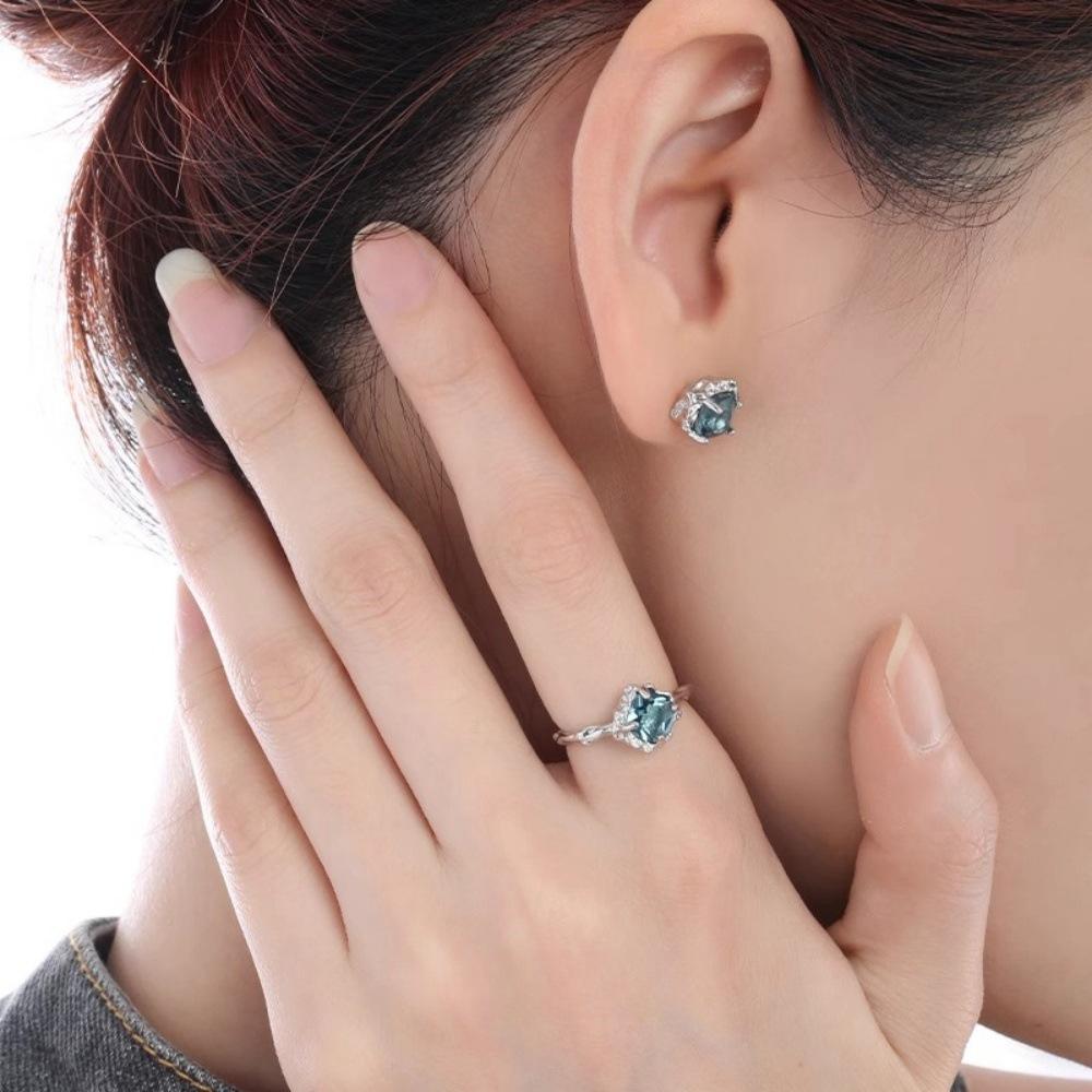 Non-fading blue zircon ring niche design index finger ring opening adjustment sweet cool ring jewelry