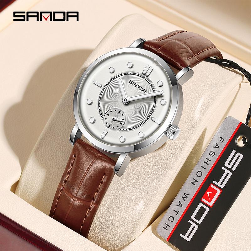 Sanda Women's Fashionable Leather & Silicone Strap Quartz Watch with Luminous Stopwatch