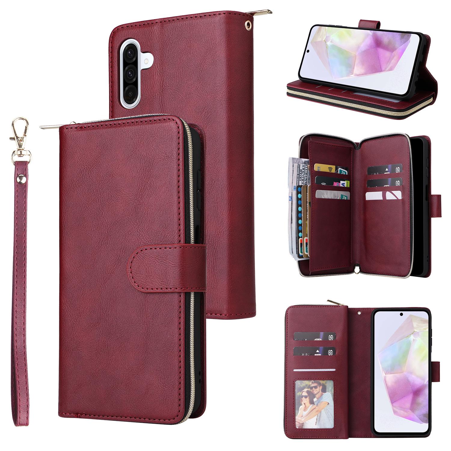 

For Samsung Galaxy A17 5G/A26 5G Case Zipper Pocket PU Leather Phone Cover with Hand Strap Wine Red
