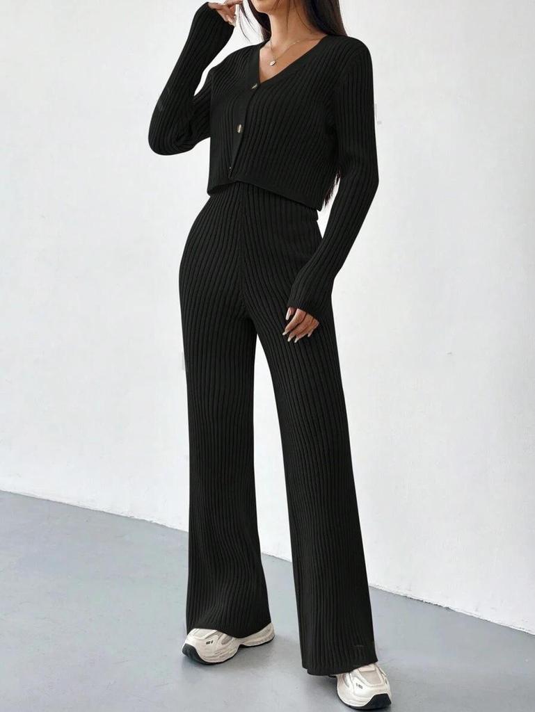 High-End Women's V-Neck Knit Cardigan & Wide-Leg Pants Two-Piece Set for Autumn/Winter