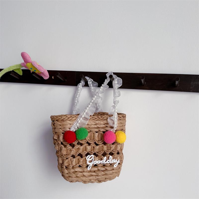 Cute Colorful Pom Pom Kids Handbag Stylish Woven Purse For Boys And Girls With Lace Trim And Pearls