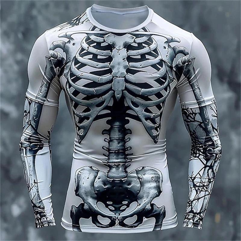 2026 New Autumn/Winter Men's 3D Full Body Skeleton Printed Long Sleeve Gothic Skeleton Pattern Round Neck Halloween Horror Punk