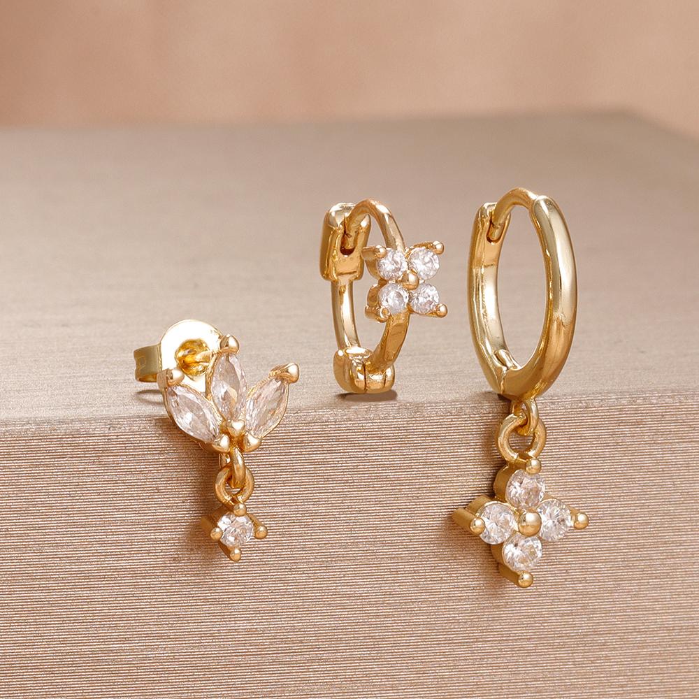 3 Pieces Stainless Steel Hoop Earrings Set For Women Crystal Zircon Huggie Flower Water Drop Trendy Earring Piercing Jewelry