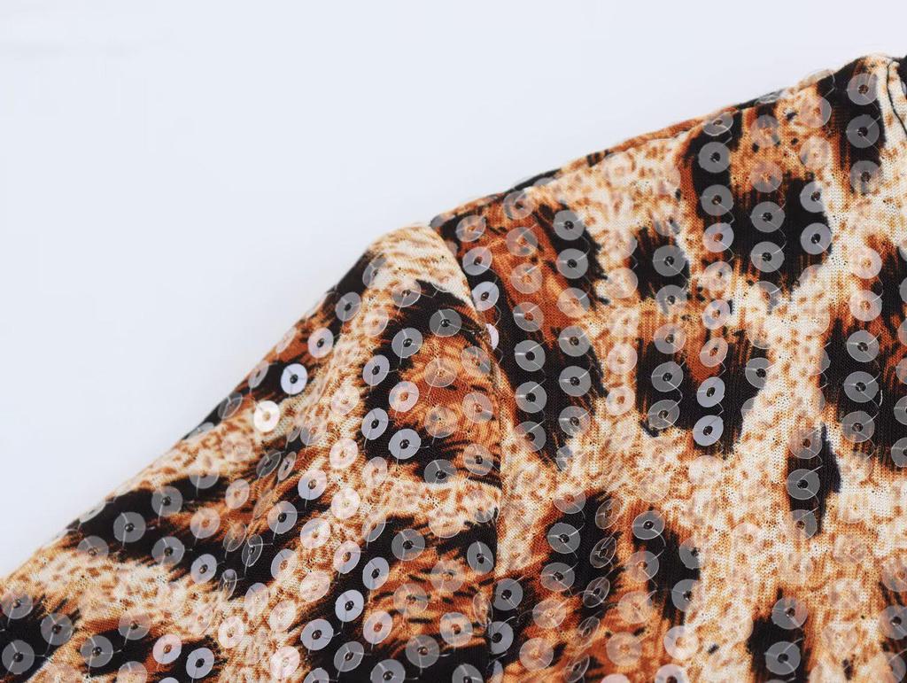 2025 Spring Women's European & American Style Leopard Print Sequin Slim Fit Long Dress
