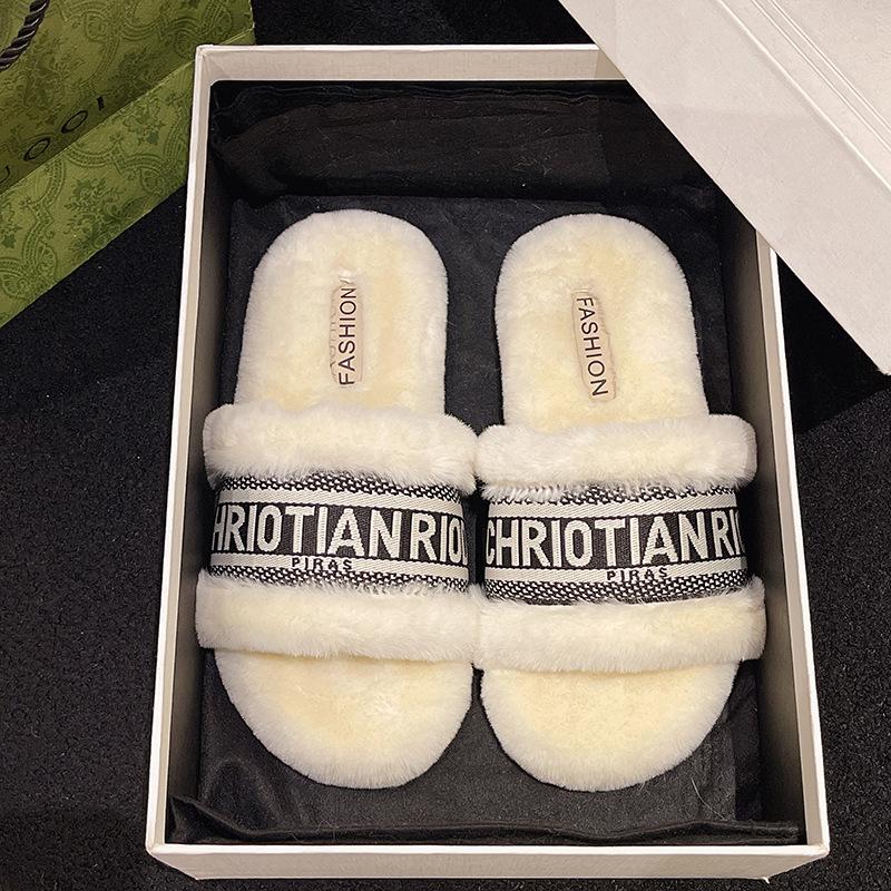 Size 35-42 Women's Slippers for Wearing Outside Flat Slippers Women's Autumn and Winter Letter Suede One Foot Cotton Slippers