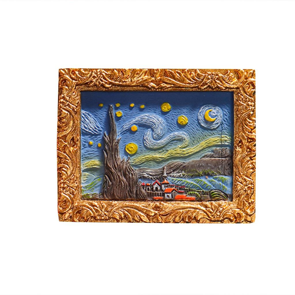 3D Oil Painting Fridge Magnets Set Of 6, Miniature /Flower/Seascape Sculptures With Gold Frames, Decorative Refrigerator Magnets For Kitch