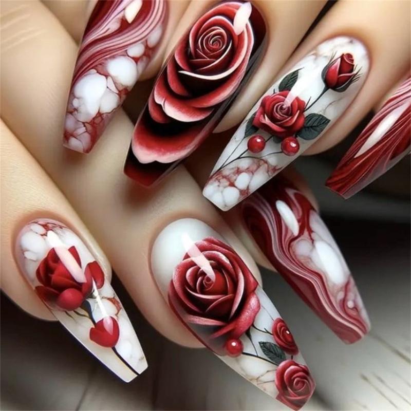 24 Pcs Valentines Day False Nail Flowers Stick on Nail Medium Ballerinas Press On Nail Glossy Artificial Nail 1