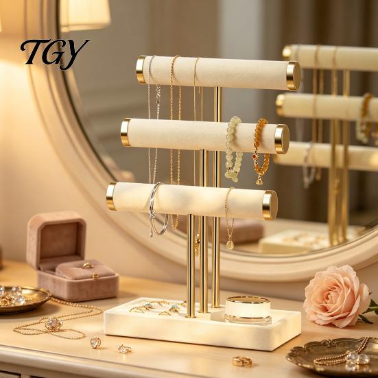 Velvet Jewelry Rack 3 Tier Organizer, T-shaped Holder for Bracelet, Dressing Table Necklaces Rings, & Earrings, Stand with Storage Tray Decorative