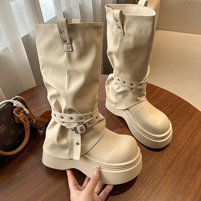 White retro platform boots women's boots 2025 new autumn versatile small height-increasing and thin trouser boots