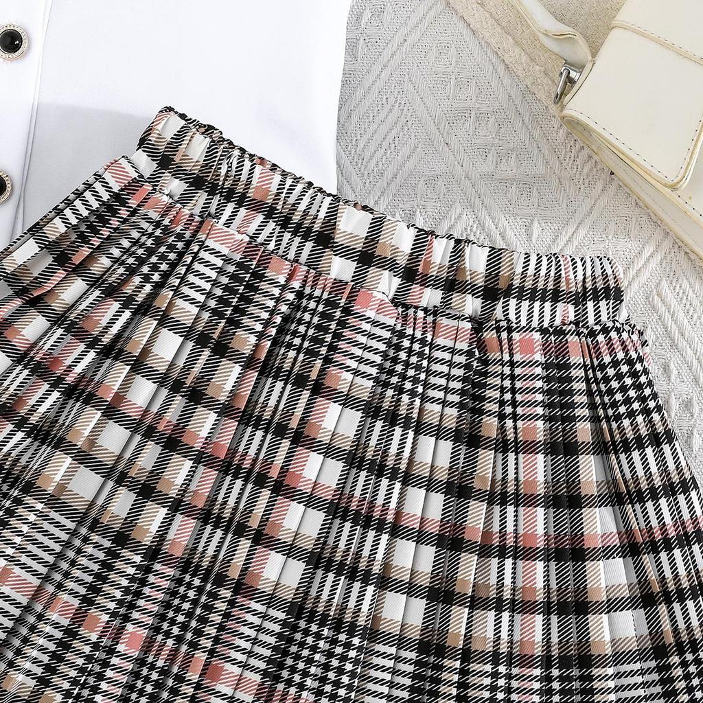 2PCS Baby Girl Sleeveless Shirt & Plaid Pleated Skirt Set, Preppy Style Casual Outf