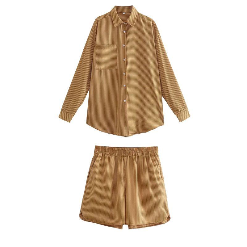 Spring New Women's Clothing Hong Kong Style Comfortable Lapel Long Sleeves Stripes Shirt + Casual Loose Stripes Shorts Suit