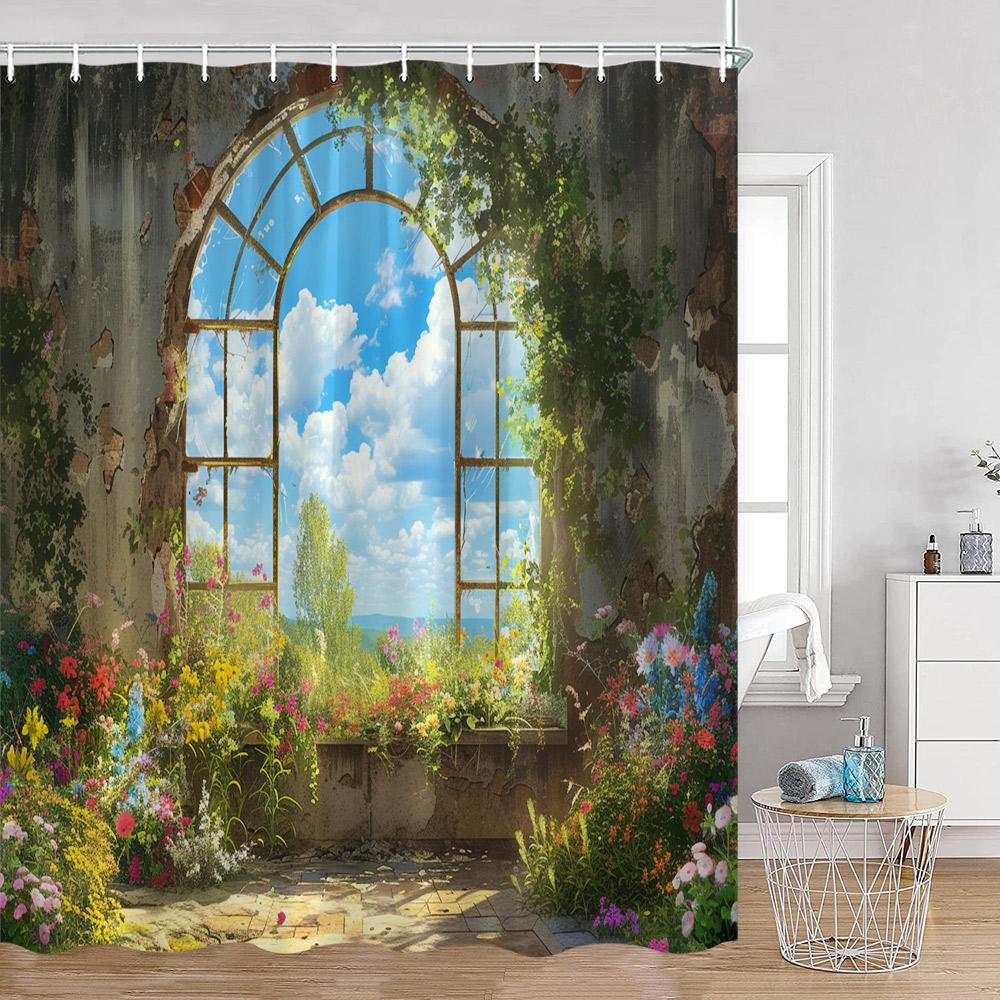 Hand-painted Street View Shower Curtains European Garden Cafe Green Plants Flowers Greenery Bathroom Decor Modern Bath Curtain