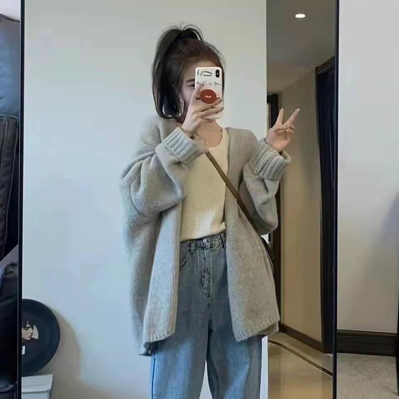 Autumn and Winter Balloon Sleeve Knit Cardigan Women Korean Solid Color Loose Sweater Coat Woman Lazy Wind Soft Warm Cardigans Ladies