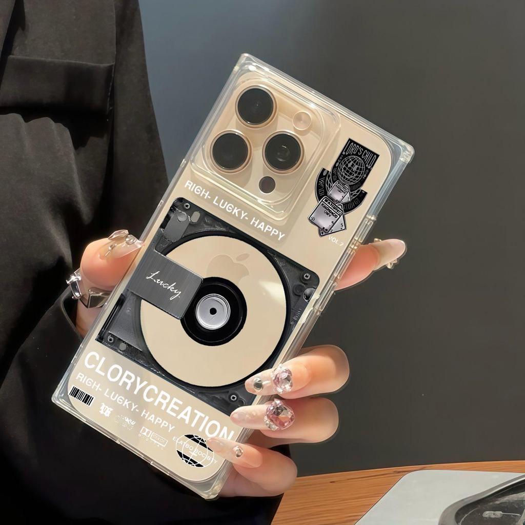 Transparente quadratische Rückseite Röhrenhülle Schutz für iPhone 14 Pro Max 16 ProMax 15 Plus 12 11 13 Anti-Sauerstoff, Glückliches CD-Muster