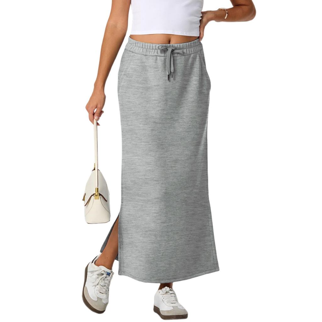 Womens Casual Maxi Skirts  High Waist Trendy Drawstring Side Slit Skirts With Pockets