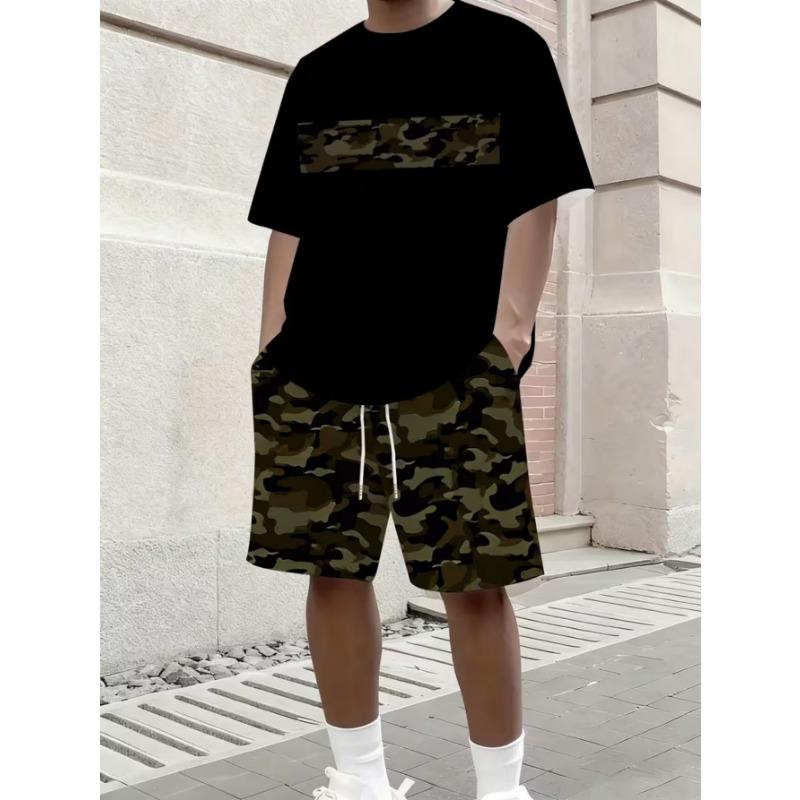Urbaner Streetwear-Trend Herren Rundhals Kurzarm Shorts-Set, Outdoor Einfach Lässig und Bequem