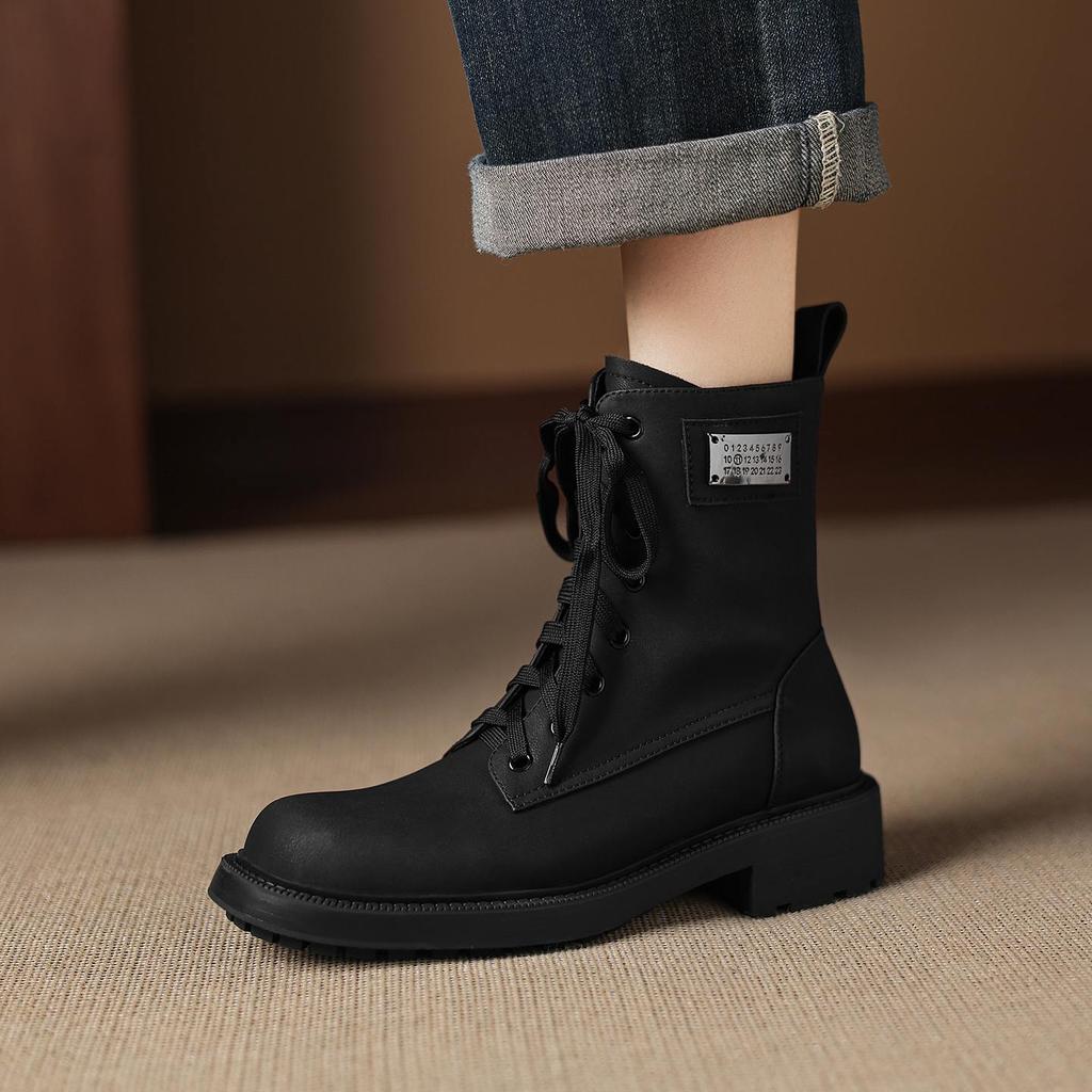 Krazing Pot Genuine Leather Winter Round Toe Western Boots Med Heels Women Cross-tied Lace Up Women Ankle Boots