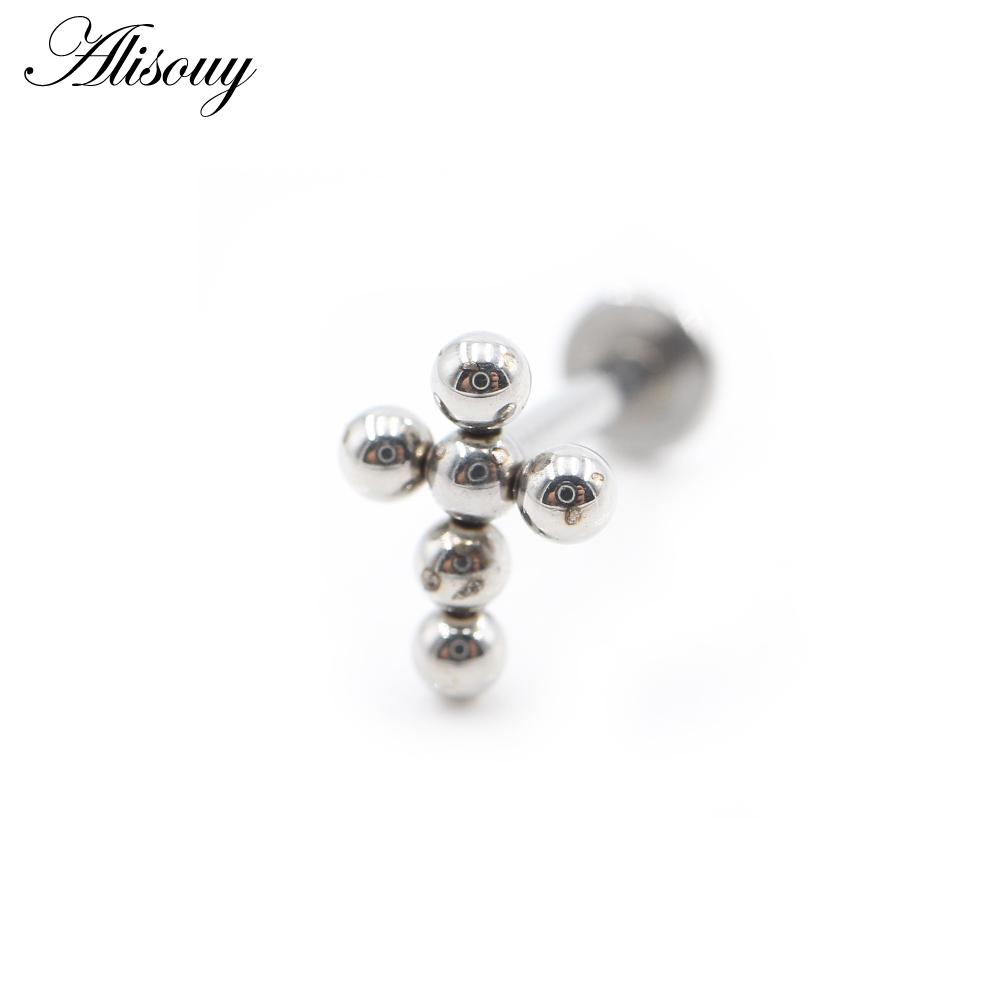 Alisouy 1PC Stainless Steel Cross Ball Threaded Ear Tragus Helix Labret Lip Rings Cartilage Stud Earrings Piercing Body Jewelry