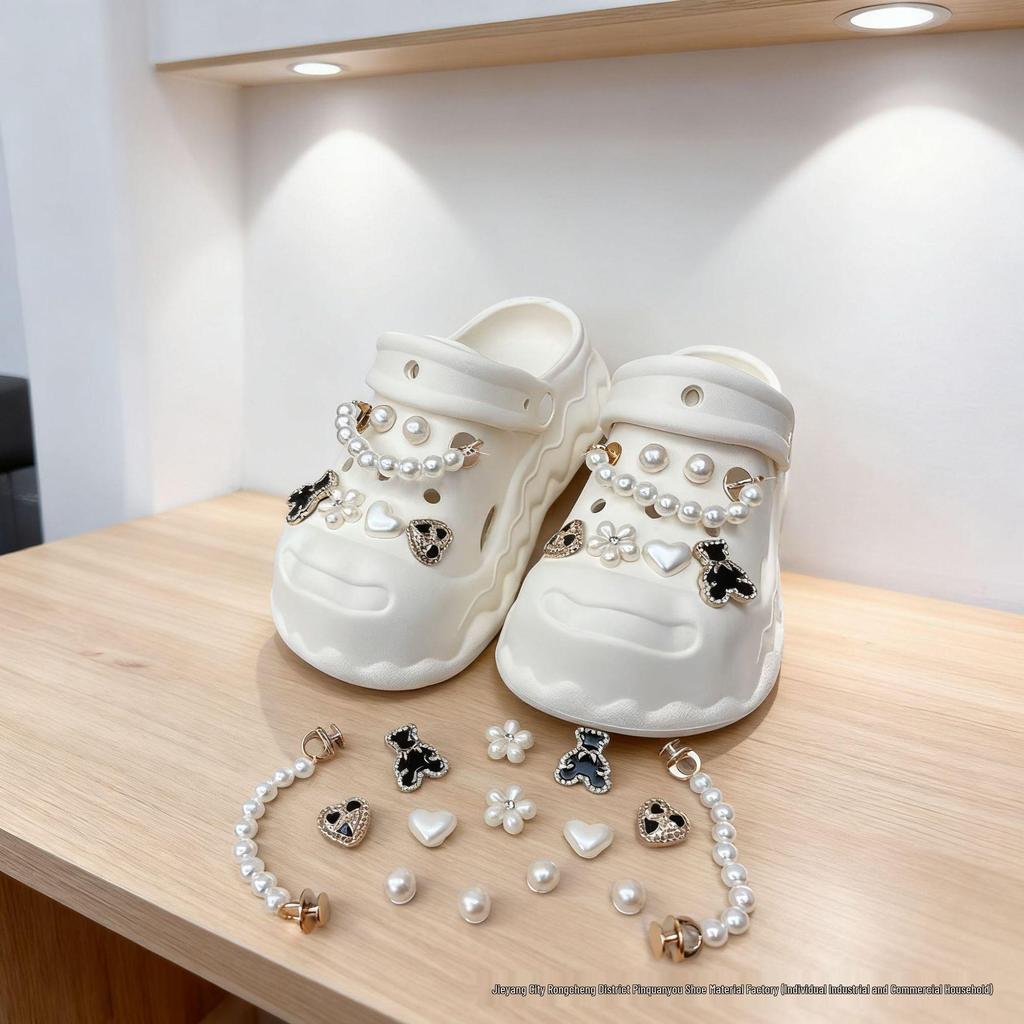 Coco Style Pearl Chain Shoe Decoration Set with Removable Flower Buckles