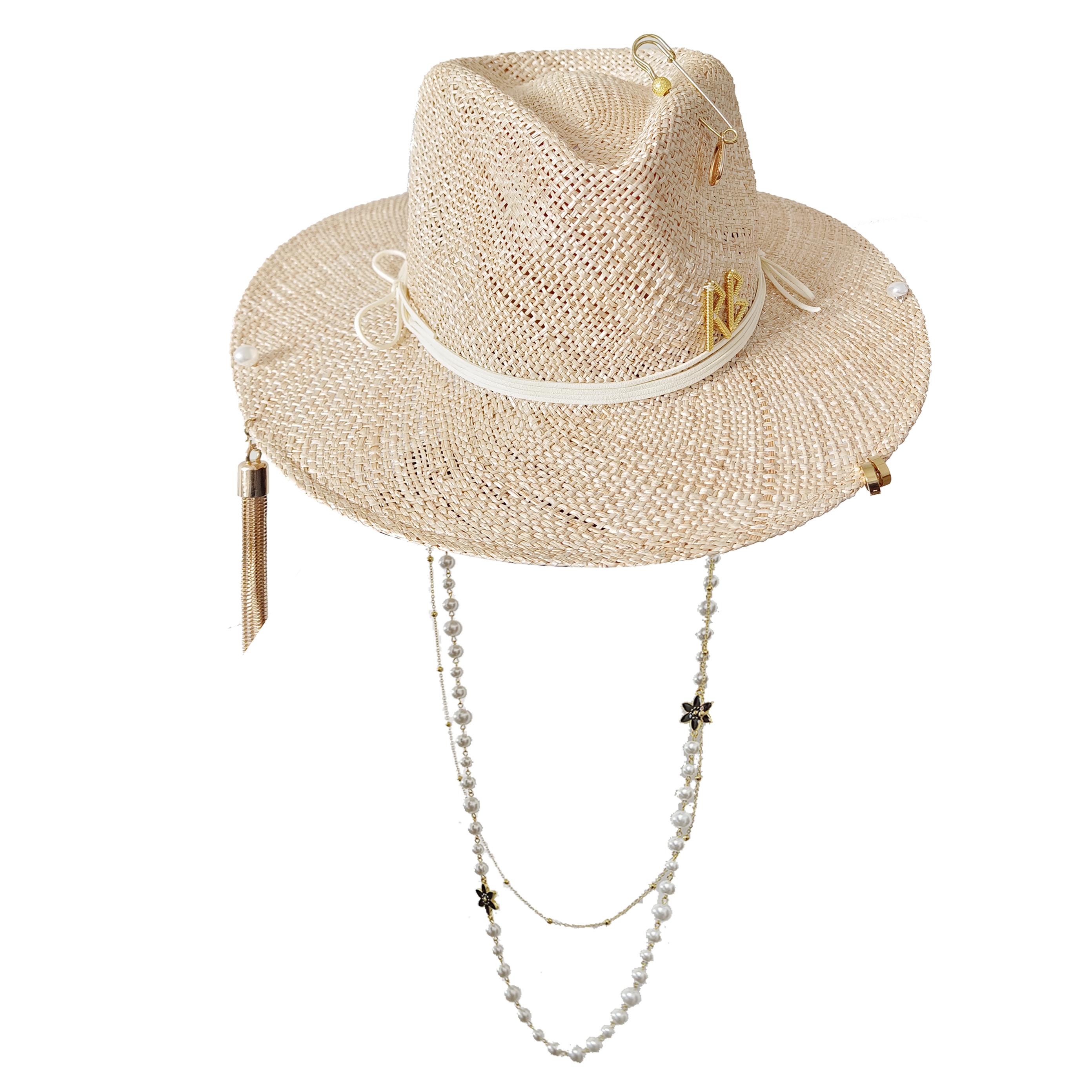 My Extreme Outdoor Activities Women's Beige Metal Letter Straw Hat Handmade Design Hat Pearl Chain Summer Sun Hat New Letter Hat Beach Gorras Para Hombres 56-58Cm