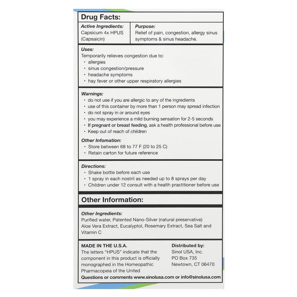 Sinol M, 100% Natural Ingredients Nasal Spray, Fast Allergy and Sinus Symptom Relief, 15Ml